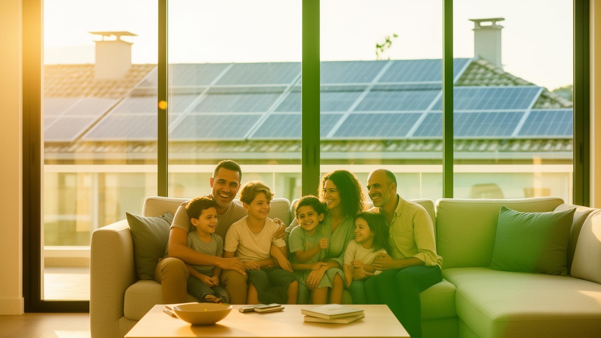 Família brasileira aproveitando energia solar limpa em casa